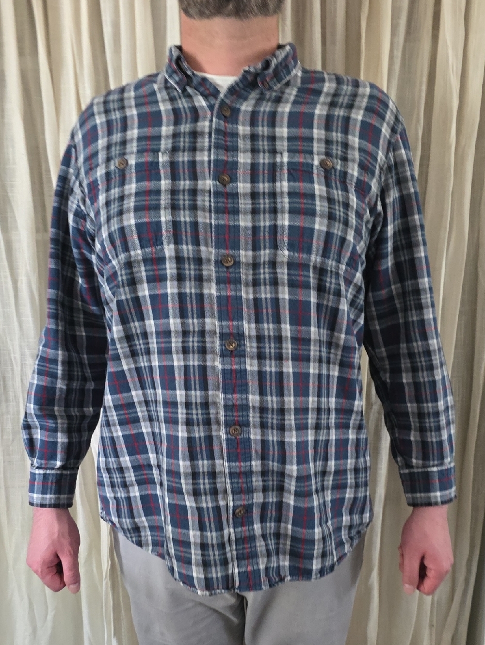 Duluth Trading Co Blue and Red Plaid Button-Down Shirt